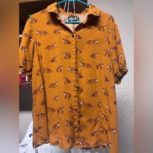 Hell Bunny 4XL Fox Print Short Sleeve Button-Down Shirt